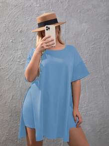 SHEIN LUNE Plus Split Hem Tee & Cycling Shorts - Baby Blue - View 5