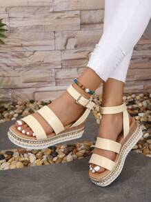 女士鱷魚壓紋編織踝帶度假夏天坡跟涼鞋 - 杏色 - 查看 1