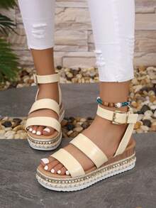 女士鱷魚壓紋編織踝帶度假夏天坡跟涼鞋 - 杏色 - 查看 2