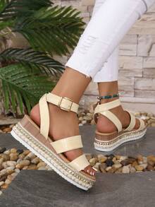 女士鱷魚壓紋編織踝帶度假夏天坡跟涼鞋 - 杏色 - 查看 3