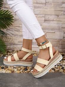 女士鱷魚壓紋編織踝帶度假夏天坡跟涼鞋 - 杏色 - 查看 4