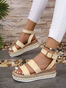 女士鱷魚壓紋編織踝帶度假夏天坡跟涼鞋 - 杏色 - 查看 5