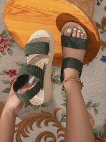 Women Double Band Slingback Sandals, Vacation Summer Elastic Wedge Sandals - Army Green - View 3