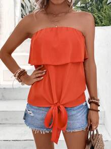 SHEIN VCAY Solid Knot Hem Tube Top - Orange - View 4