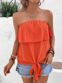 SHEIN VCAY Solid Knot Hem Tube Top - Orange - View 5