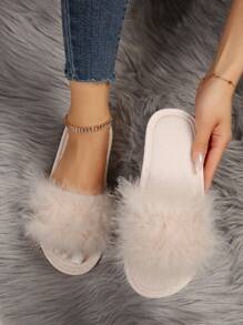 女士毛茸茸裝飾家庭時尚淺褐色臥室拖鞋 - 米色 - 查看 2