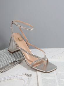 SHUZIA PU Ankle Strap Thong Block Heeled Sandals - Silver - View 4