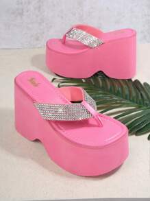 Jeweled Strap Thong Wedge Sandals - Pink - View 2