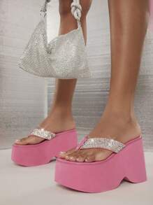 Jeweled Strap Thong Wedge Sandals - Pink - View 4