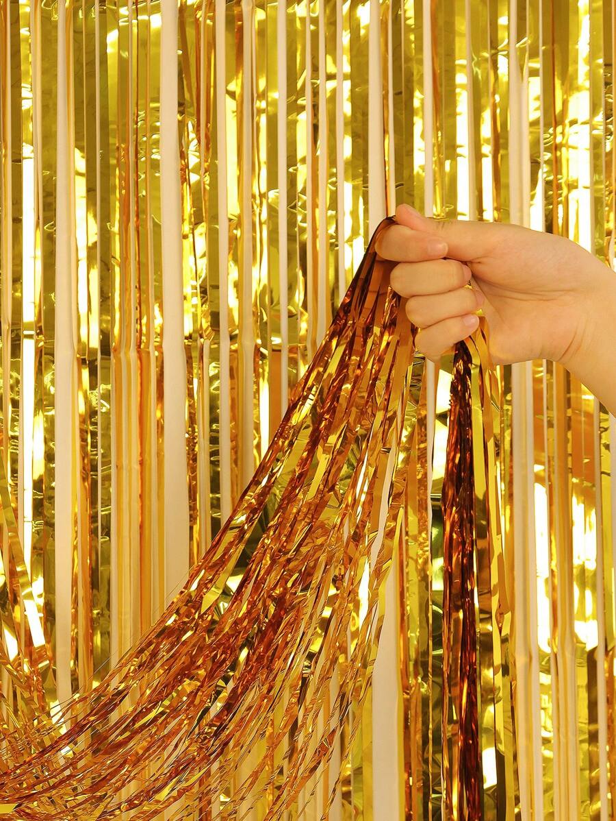 1pc Metallic Tassel Curtain, Gold Plastic Party Backdrop Decoration, For Party Decor - Gold - View 1