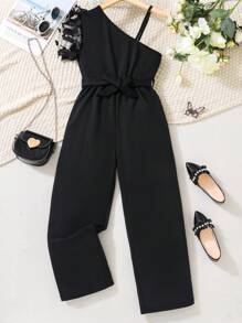 SHEIN Áo liền quần Gái Bất đối xứng Xù Đề can Tương phản Mesh màu trơn Dễ thương - màu đen - Xem 1