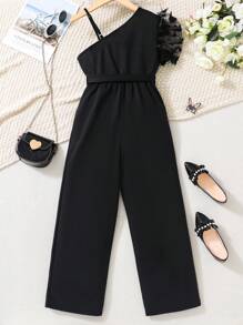 SHEIN Áo liền quần Gái Bất đối xứng Xù Đề can Tương phản Mesh màu trơn Dễ thương - màu đen - Xem 2