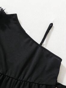 SHEIN Áo liền quần Gái Bất đối xứng Xù Đề can Tương phản Mesh màu trơn Dễ thương - màu đen - Xem 8
