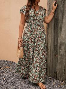 SHEIN LUNE Plus Size Ditsy Floral Print Ruffle Hem Dress For Summer Vacation - Multicolor - View 3