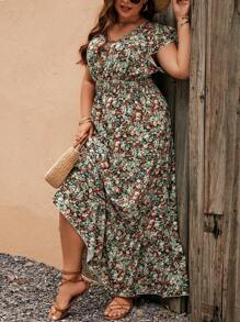 SHEIN LUNE Plus Size Ditsy Floral Print Ruffle Hem Dress For Summer Vacation - Multicolor - View 4