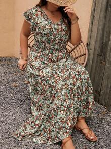 SHEIN LUNE Plus Size Ditsy Floral Print Ruffle Hem Dress For Summer Vacation - Multicolor - View 5