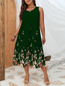 SHEIN LUNE Plus Floral Print Tank Dress - Green - View 1