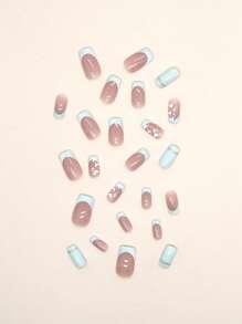 24Pcs Short Square Heart Print Fake Nail & 1Pc Nail File & 1Sheet Tape Press On Nails Nail Supplies Nails - Multicolor - View 5