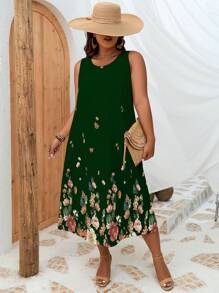 SHEIN LUNE Plus Floral Print Tank Dress - Green - View 4