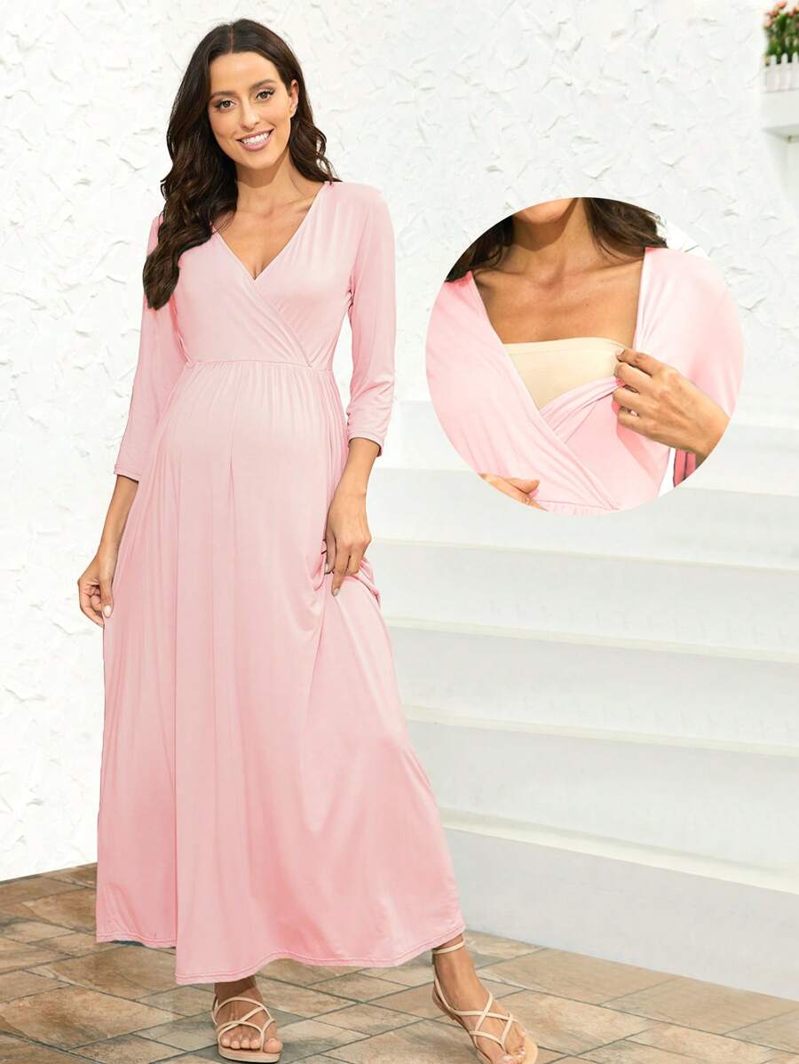 Maternity 1pc Solid Surplice Neck Dress - Pink - View 1