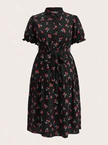 Flirla Đầm Plus Size Thắt lưng Nút phía trước Tất cả trên in Rau quả Giải trí - màu đen - Xem 1