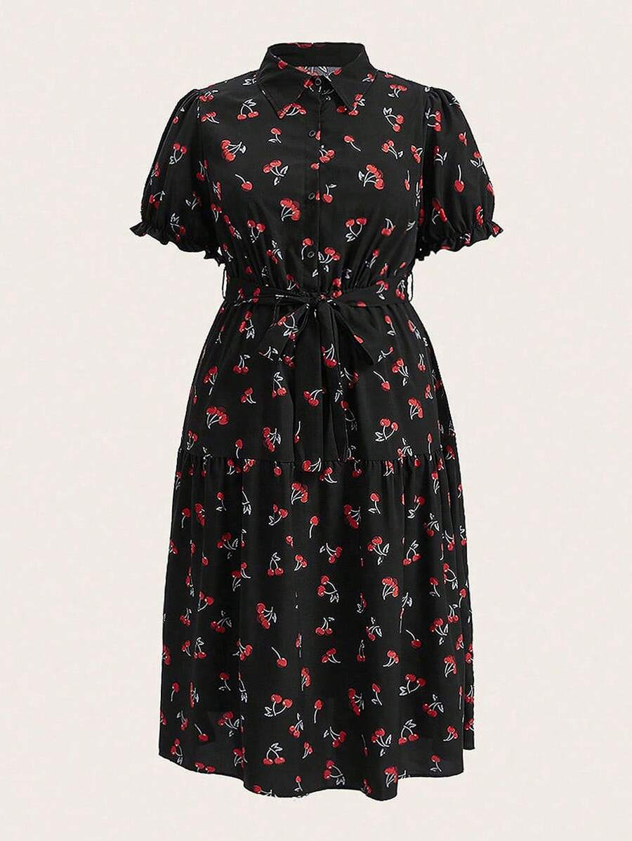 Flirla Đầm Plus Size Thắt lưng Nút phía trước Tất cả trên in Rau quả Giải trí - màu đen - Xem 1