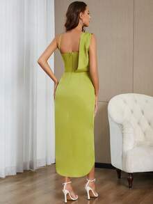 Asymmetrical Neck Wrap Hem Dress - Lime Green - View 2