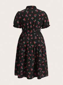 Flirla Đầm Plus Size Thắt lưng Nút phía trước Tất cả trên in Rau quả Giải trí - màu đen - Xem 2