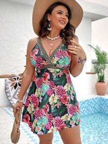 Swim Lushoire Plus Tropical Print Tankini Set Contrast Trim Peplum Cami Top & High Waist Bikini Bottom 2 Piece Swimsuit - Black - View 3