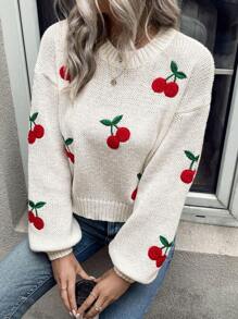 SHEIN Essnce Cherry Pattern Drop Shoulder Jumper - Beige - View 3