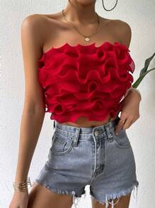 SHEIN Privé 素色荷葉邊抹胸上衣 - 紅色 - 查看 1