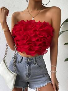 SHEIN Privé 素色荷葉邊抹胸上衣 - 紅色 - 查看 3