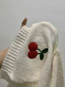 SHEIN Essnce Cherry Pattern Drop Shoulder Jumper - Beige - View 7