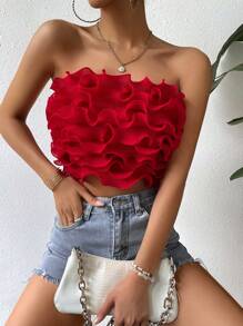 SHEIN Privé 素色荷葉邊抹胸上衣 - 紅色 - 查看 4