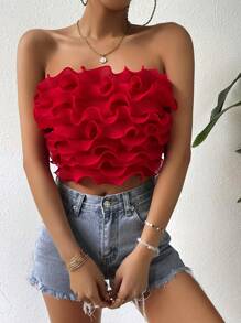 SHEIN Privé 素色荷葉邊抹胸上衣 - 紅色 - 查看 6