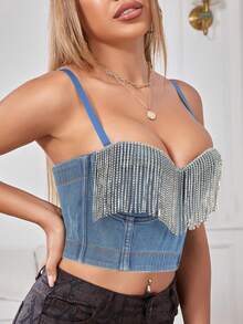 Apperloth A Top mezclilla de tirantes ribete con fleco con diamante de imitación