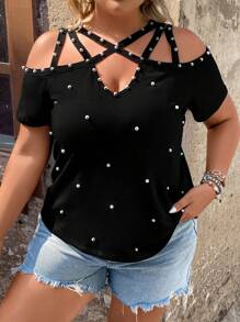 SHEIN LUNE Áo thun Plus size Hội Chữ thập cườm đính Ngọc trai màu trơn Giải trí - màu đen - Xem 1