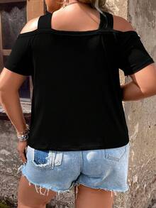 SHEIN LUNE Áo thun Plus size Hội Chữ thập cườm đính Ngọc trai màu trơn Giải trí - màu đen - Xem 2