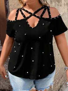 SHEIN LUNE Áo thun Plus size Hội Chữ thập cườm đính Ngọc trai màu trơn Giải trí - màu đen - Xem 3