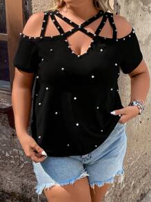 SHEIN LUNE Áo thun Plus size Hội Chữ thập cườm đính Ngọc trai màu trơn Giải trí - màu đen - Xem 4