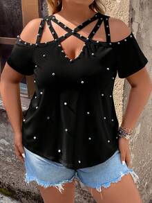SHEIN LUNE Áo thun Plus size Hội Chữ thập cườm đính Ngọc trai màu trơn Giải trí - màu đen - Xem 5