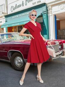 MUXXN Statement Collar Button Front Dress - Red - View 2