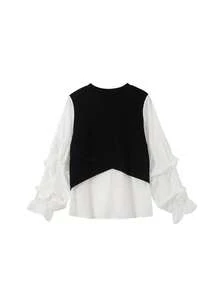 Contrast 2 In 1 Flounce Sleeve Blouse - Black and White - View 2