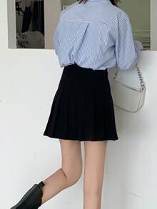 Chân váy xếp ly cạp cao màu đen trơn, kiểu dáng thường ngày, thích hợp cho mùa xuân. - màu đen - Xem 2