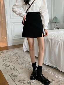 Solid Slit Hem Skirt