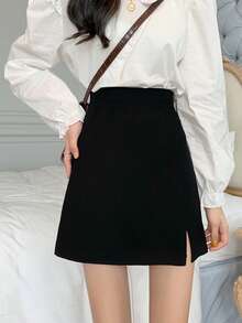 Solid Slit Hem Skirt