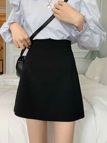 Solid A-Line Skirt - Black - View 4