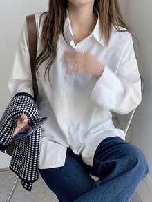 Camisa oversize de hombros caídos y manga larga - Blanco - Ver 3