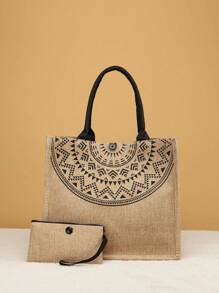 2pcs Geo Graphic Top Handle Bag With Clutch Bag, Mother's Day Gift For Mom School Bag Set For Graduate, Teen Girls, Freshman, Sophomore, Junior & Senior In College, University & High School, Perfect For Outdoors ,Travel & Back To School - Khaki - View 2