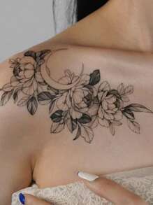 1 件花卉和月亮圖案臨時紋身貼紙 - 黑色 - 查看 1